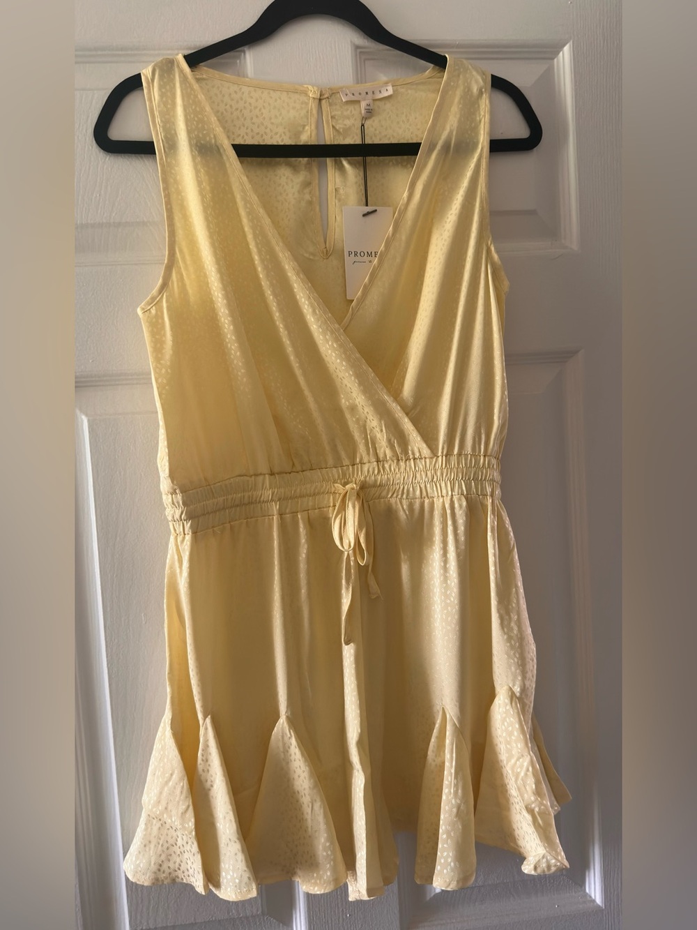 Promesa Light Yellow Satin Wrap Romper with Drawstring Waist